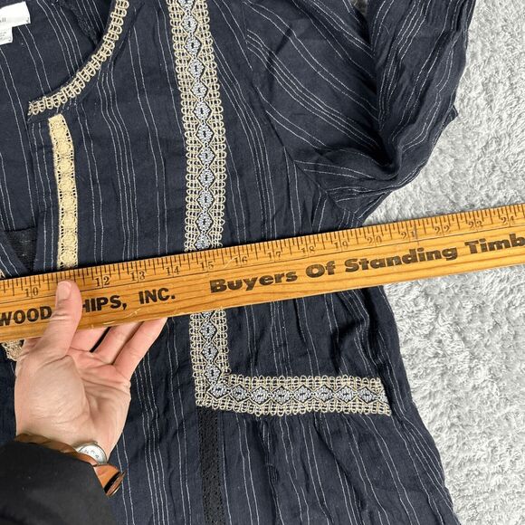 J Jill Women's Long Sleeve V Neck Boho Blouse M Navy Tan Embroidered - Picture 4 of 15